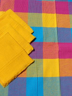 MEXICAN TEXTILES / Cotton Tablecloth with napkins Plaid Blue Red Yellow 47'' Square (4 people)